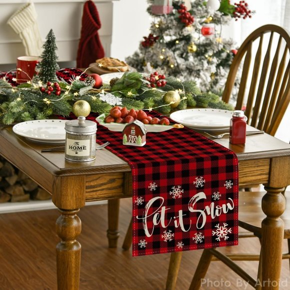 13 x 72 Inch Red and Black Buffalo Plaid Winter Tablecloth Holiday Decoration - Picture 2 of 7